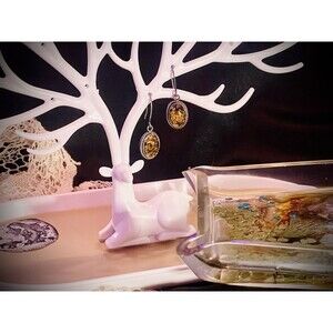 Vintage Sterling Silver & Genuine Baltic Amber Drop Oval Earrings